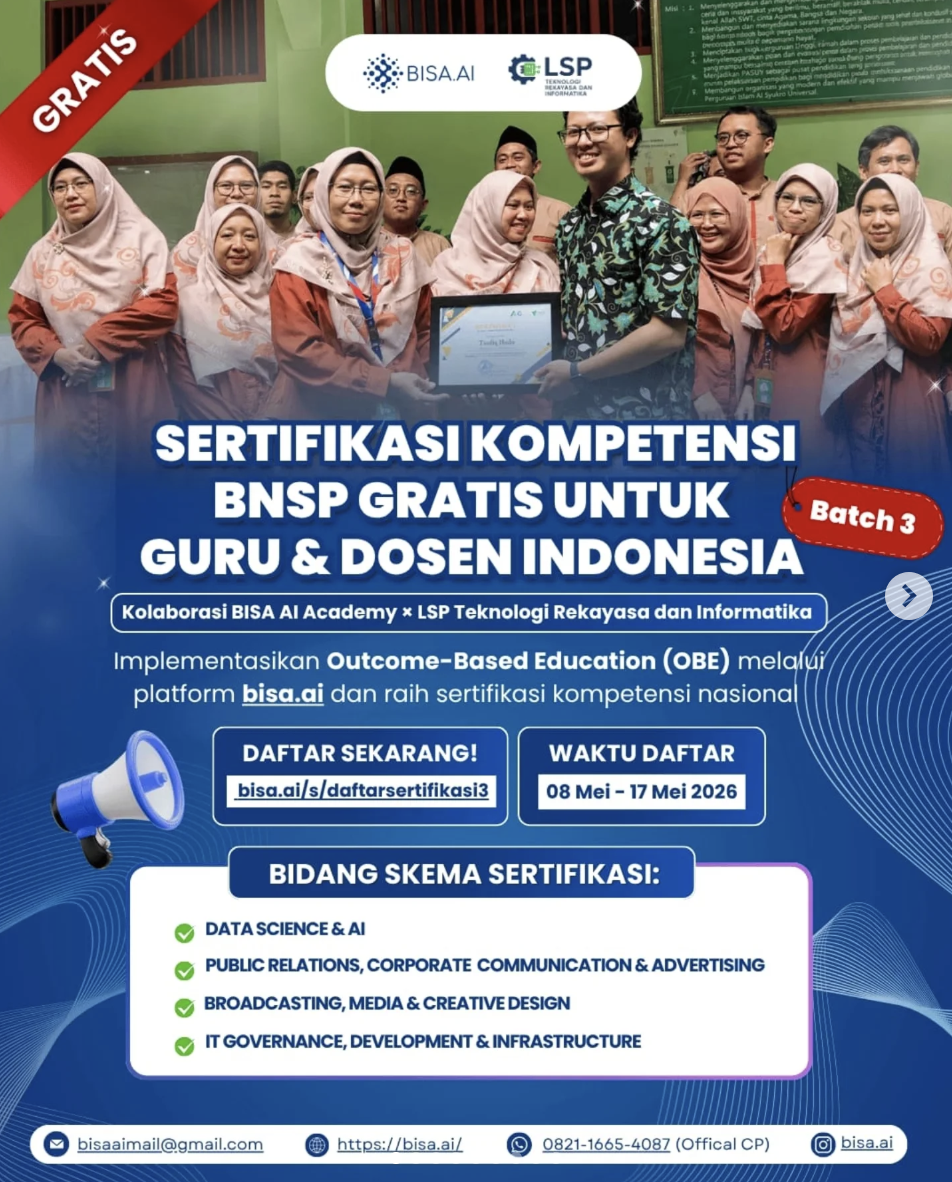 BISA AI Academy dan LSP TRI Kembali Buka Program Sertifikasi BNSP Gratis Batch 3 untuk Guru dan Dosen