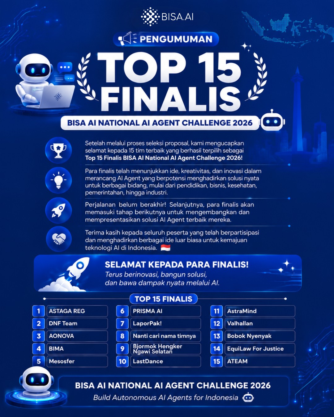 PENGUMUMAN TOP 15 FINALIS BISA AI National AI Agent Challenge 2026